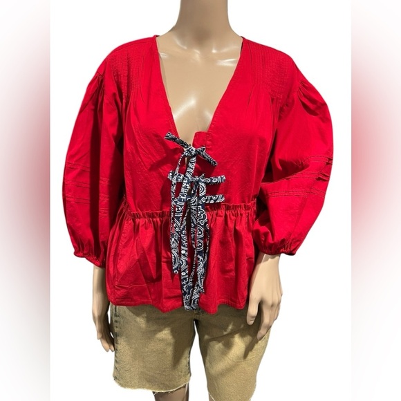 Free People x Tricia Fix Bandana Tied Up Front Top Red Navy Combo Size Small